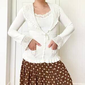 Nanette Lepore 90s White Knit Crochet Cardigan Mesh Coquette Cottagecore